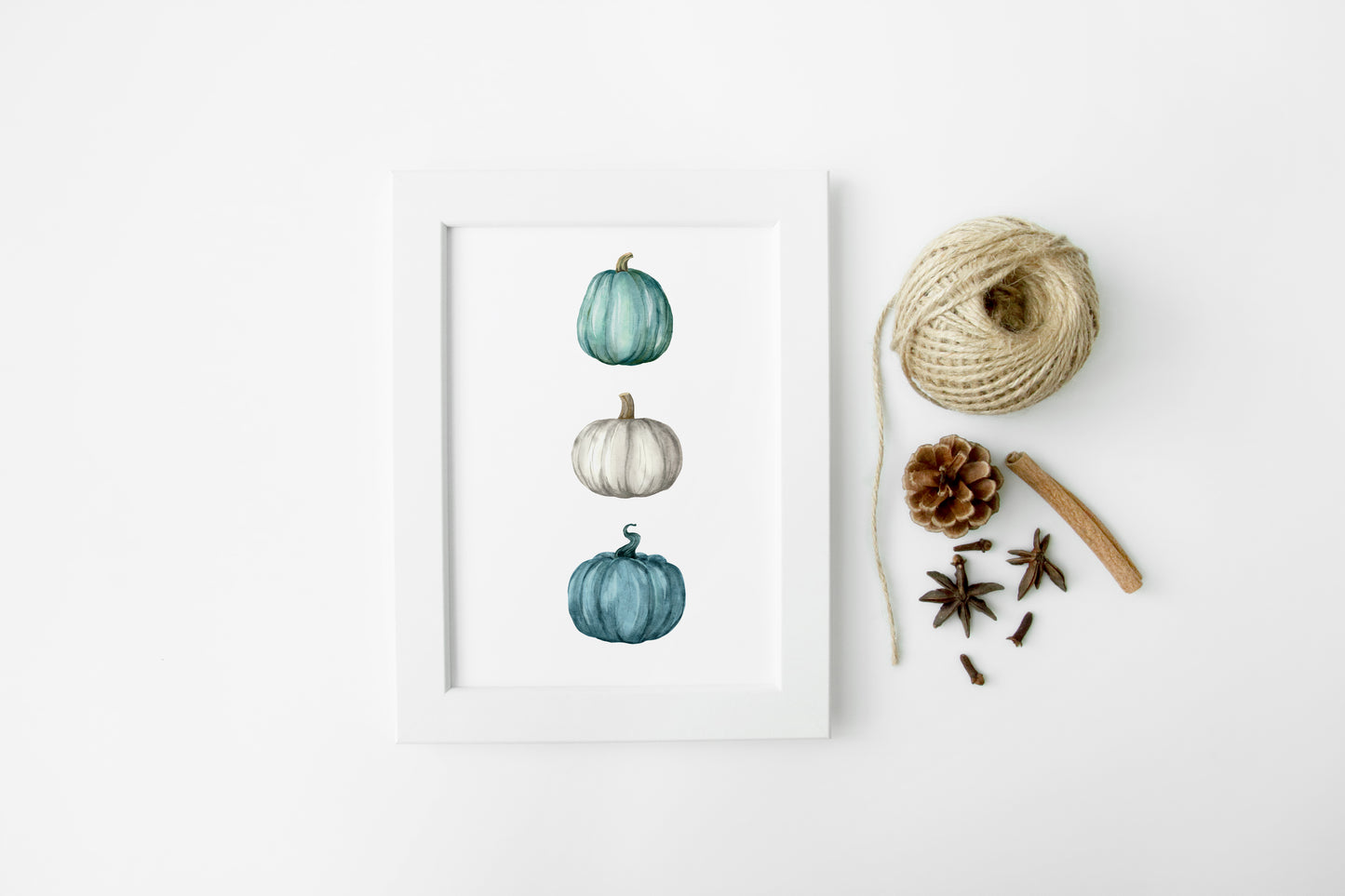 Autumn Pumpkin trio, teal, blue green seasonal watercolour unframed wall art poster print