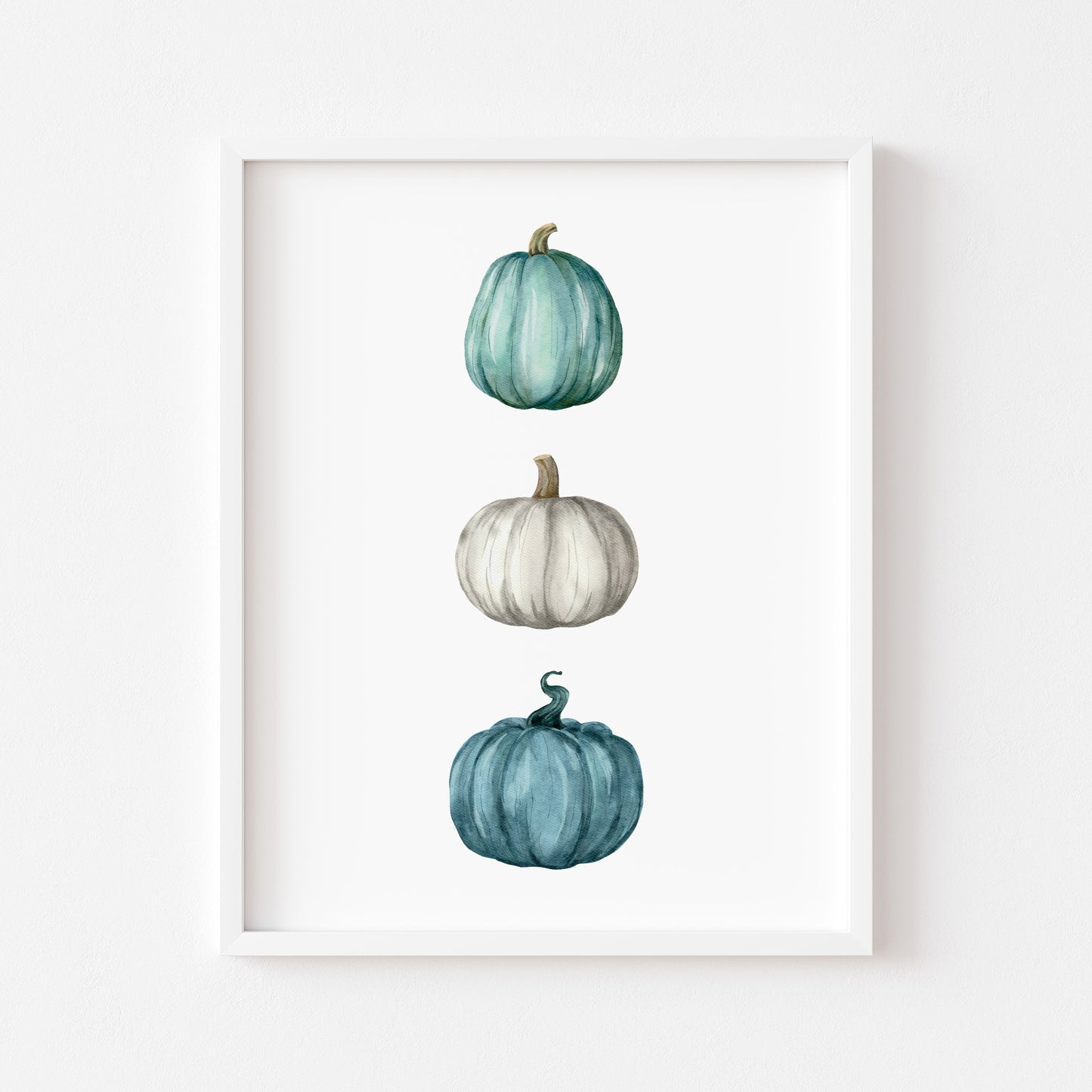Autumn Pumpkin trio, teal, blue green seasonal watercolour unframed wall art poster print