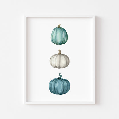 Autumn Pumpkin trio, teal, blue green seasonal watercolour unframed wall art poster print