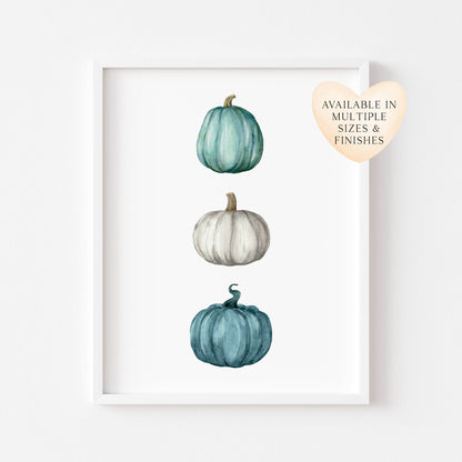Autumn Pumpkin trio, teal, blue green seasonal watercolour unframed wall art poster print