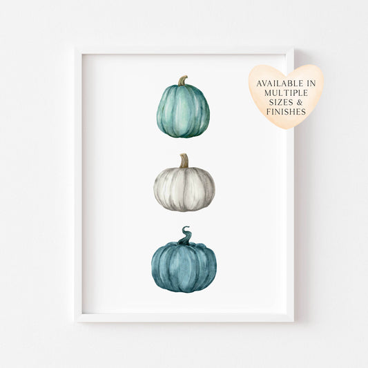Autumn Pumpkin trio, teal, blue green seasonal watercolour unframed wall art poster print