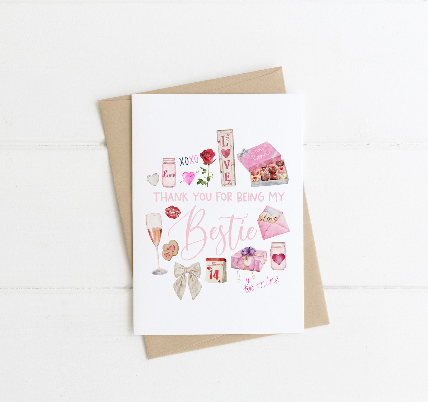 Valentines Galentines Day Card, Thanks for being my bestie, girlfriend best friend seasonal birthday card & envelope, kraft brown or white