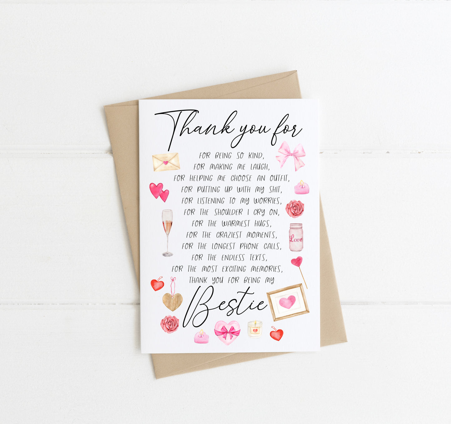 Valentines Galentines Day Card, Thanks for being my bestie, girlfriend best friend poem birthday card & envelope, kraft brown or white