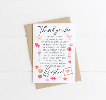 Valentines Galentines Day Card, Thanks for being my bestie, girlfriend best friend poem birthday card & envelope, kraft brown or white