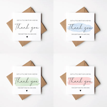 Thank you cards Pack of 4 A little card to say a big thank you individual styles, watercolour blue pink green colour cards with envelopes