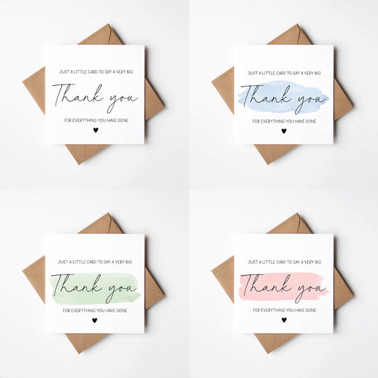 Thank you cards Pack of 4 A little card to say a big thank you individual styles, watercolour blue pink green colour cards with envelopes