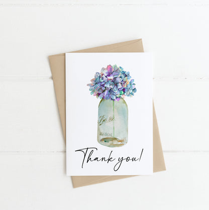 Thank you card, floral ball jar blue purple floral watercolour card, thank you cards, just to say thanks,with envelope,kraft brown or white