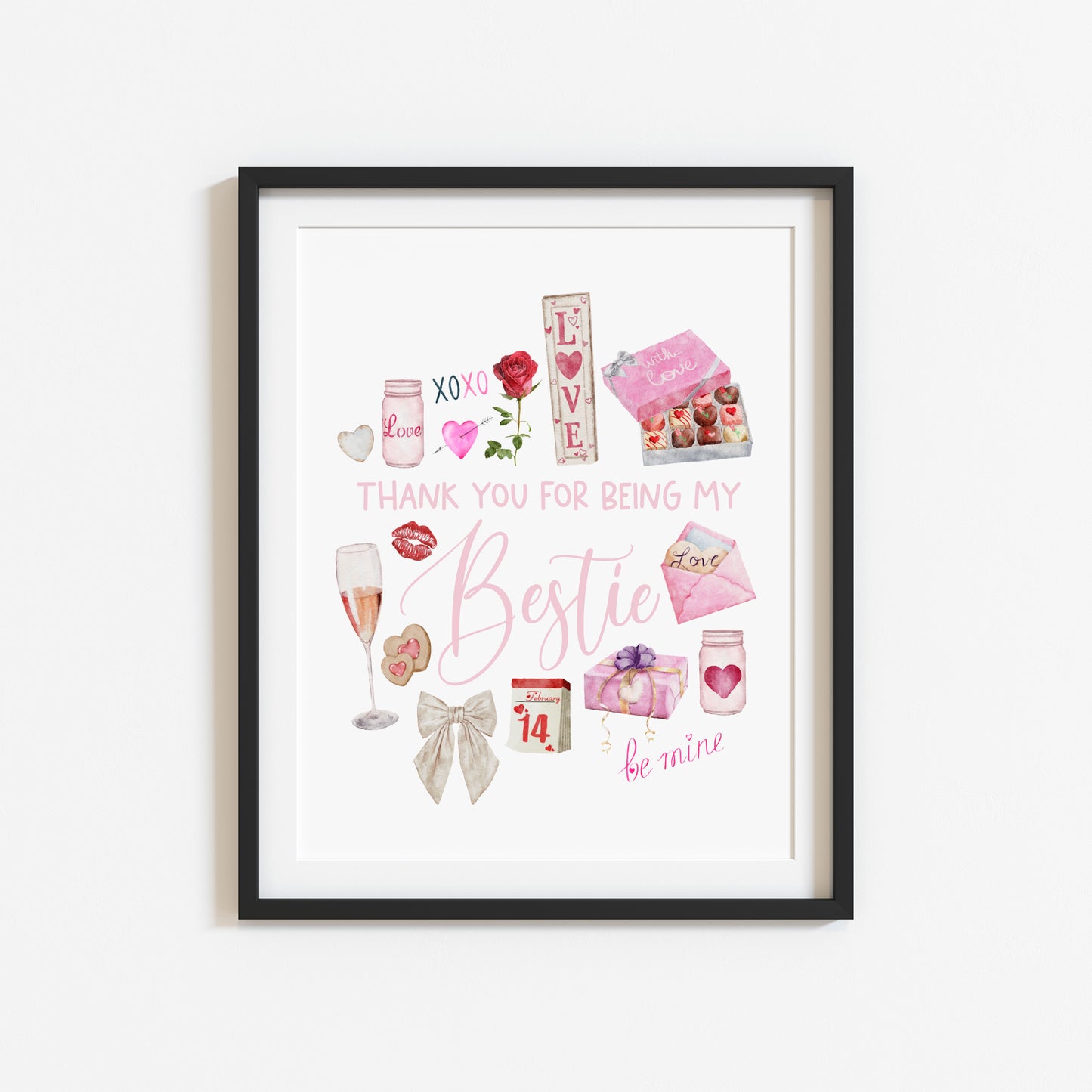 Bestie gift, Thank you for being my bestie pink valentines galentines watercolour pink, red cute drawings unframed wall art poster print