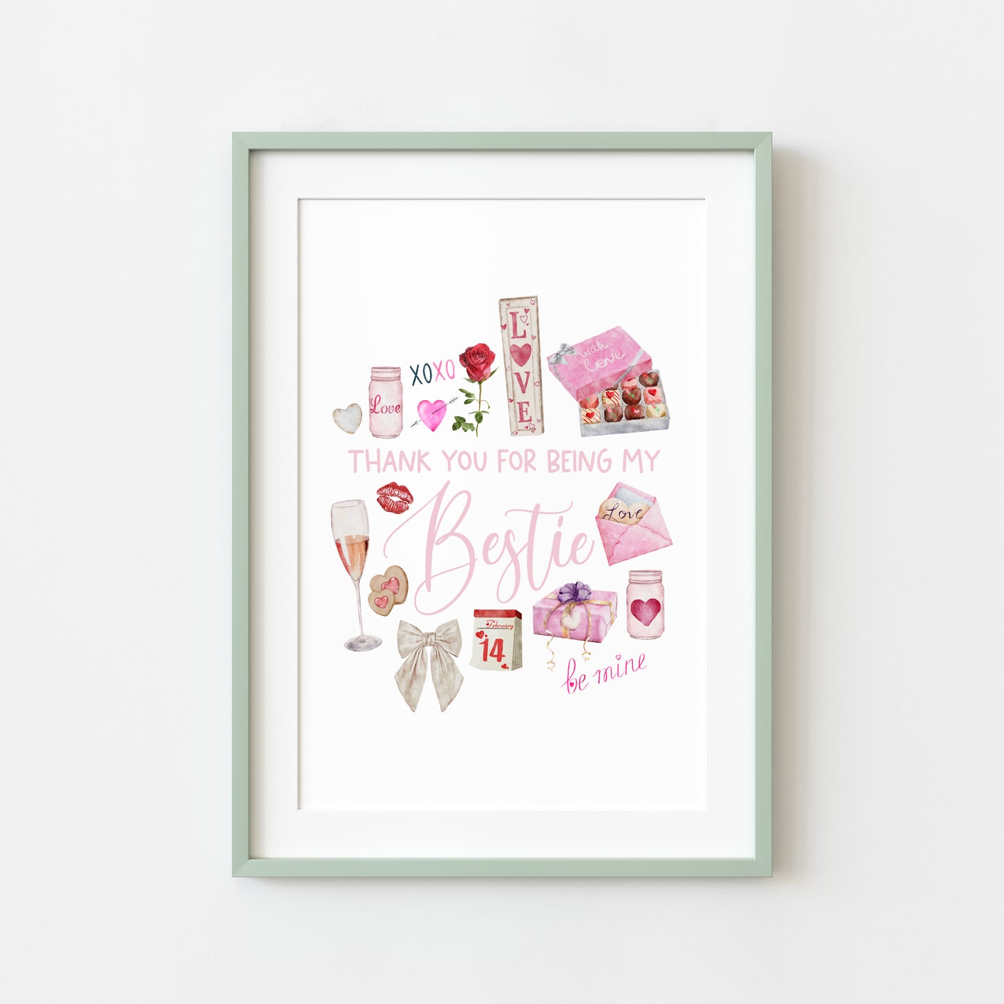 Bestie gift, Thank you for being my bestie pink valentines galentines watercolour pink, red cute drawings unframed wall art poster print