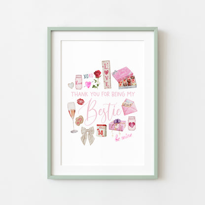 Bestie gift, Thank you for being my bestie pink valentines galentines watercolour pink, red cute drawings unframed wall art poster print