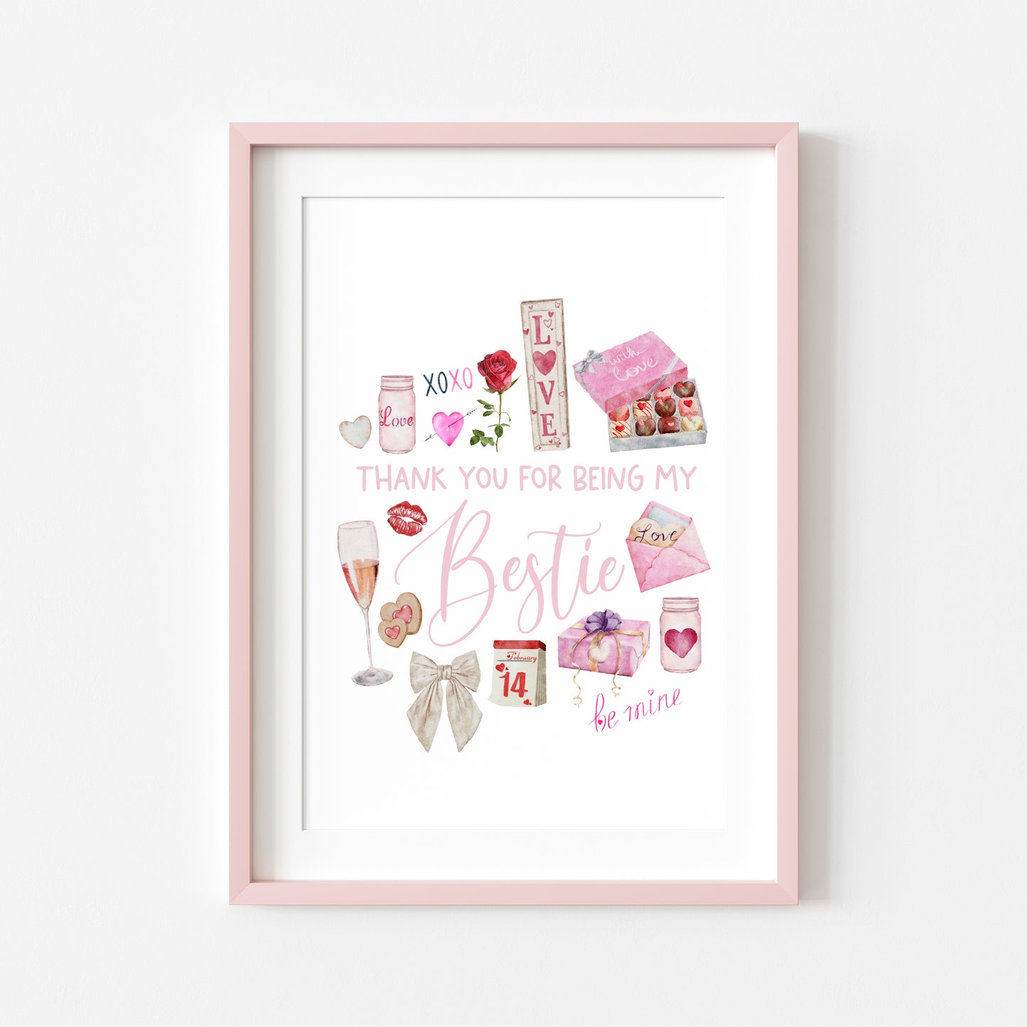 Bestie gift, Thank you for being my bestie pink valentines galentines watercolour pink, red cute drawings unframed wall art poster print