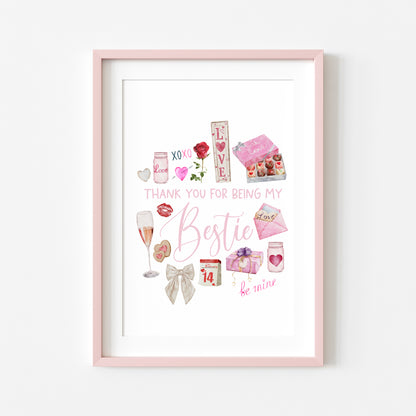 Bestie gift, Thank you for being my bestie pink valentines galentines watercolour pink, red cute drawings unframed wall art poster print