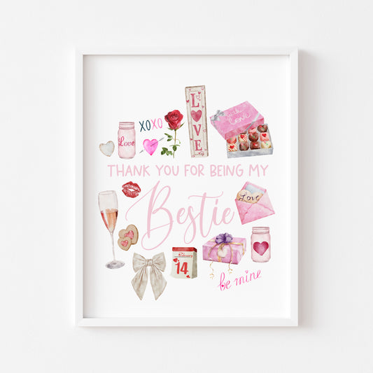 Bestie gift, Thank you for being my bestie pink valentines galentines watercolour pink, red cute drawings unframed wall art poster print