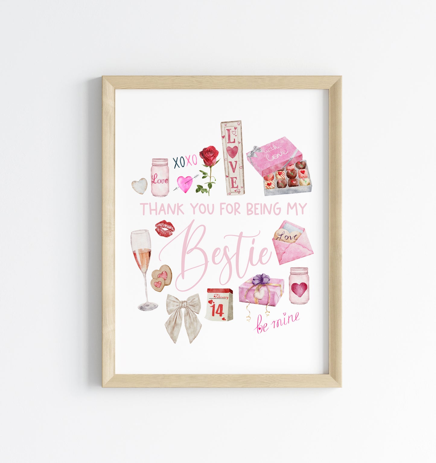 Bestie gift, Thank you for being my bestie pink valentines galentines watercolour pink, red cute drawings unframed wall art poster print