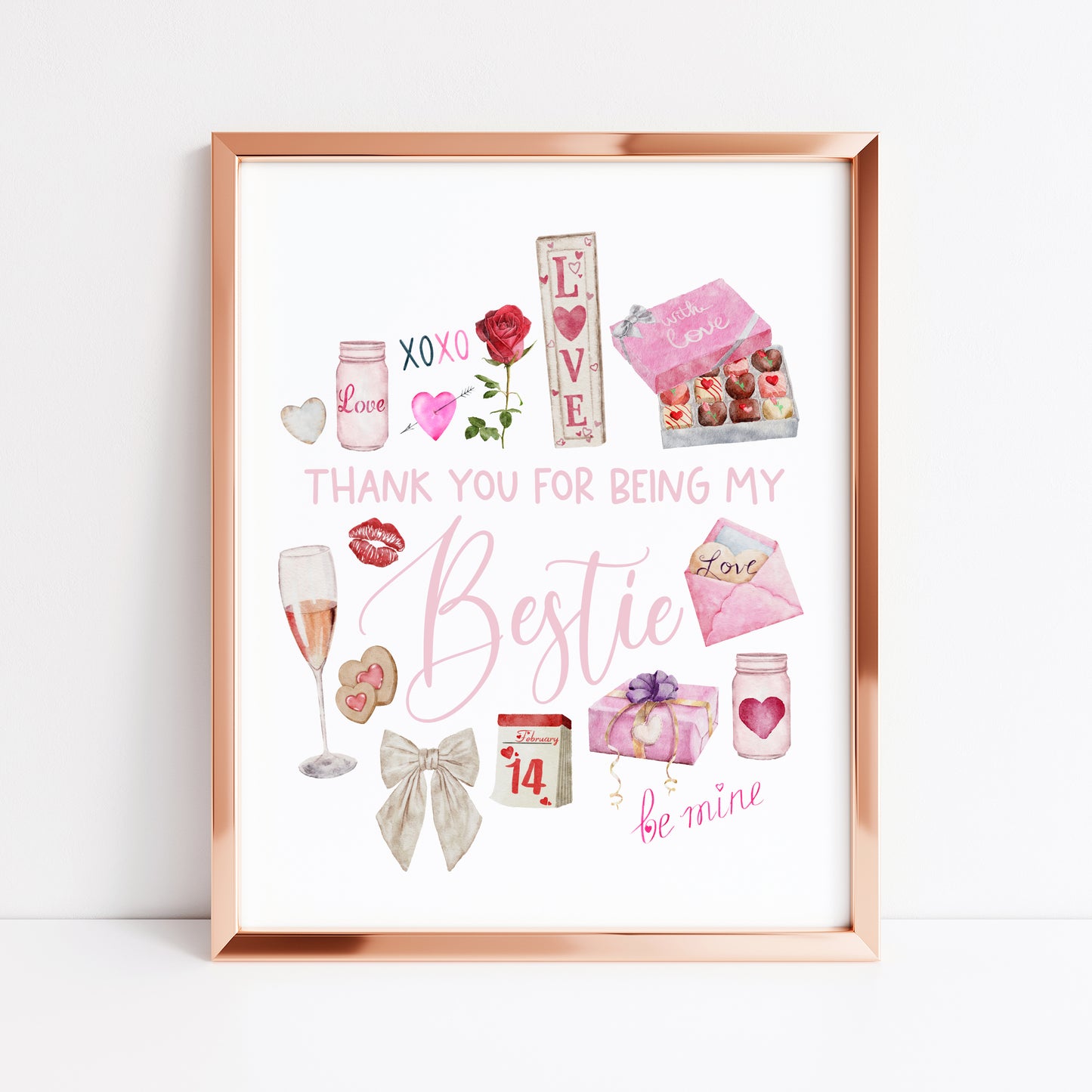 Bestie gift, Thank you for being my bestie pink valentines galentines watercolour pink, red cute drawings unframed wall art poster print