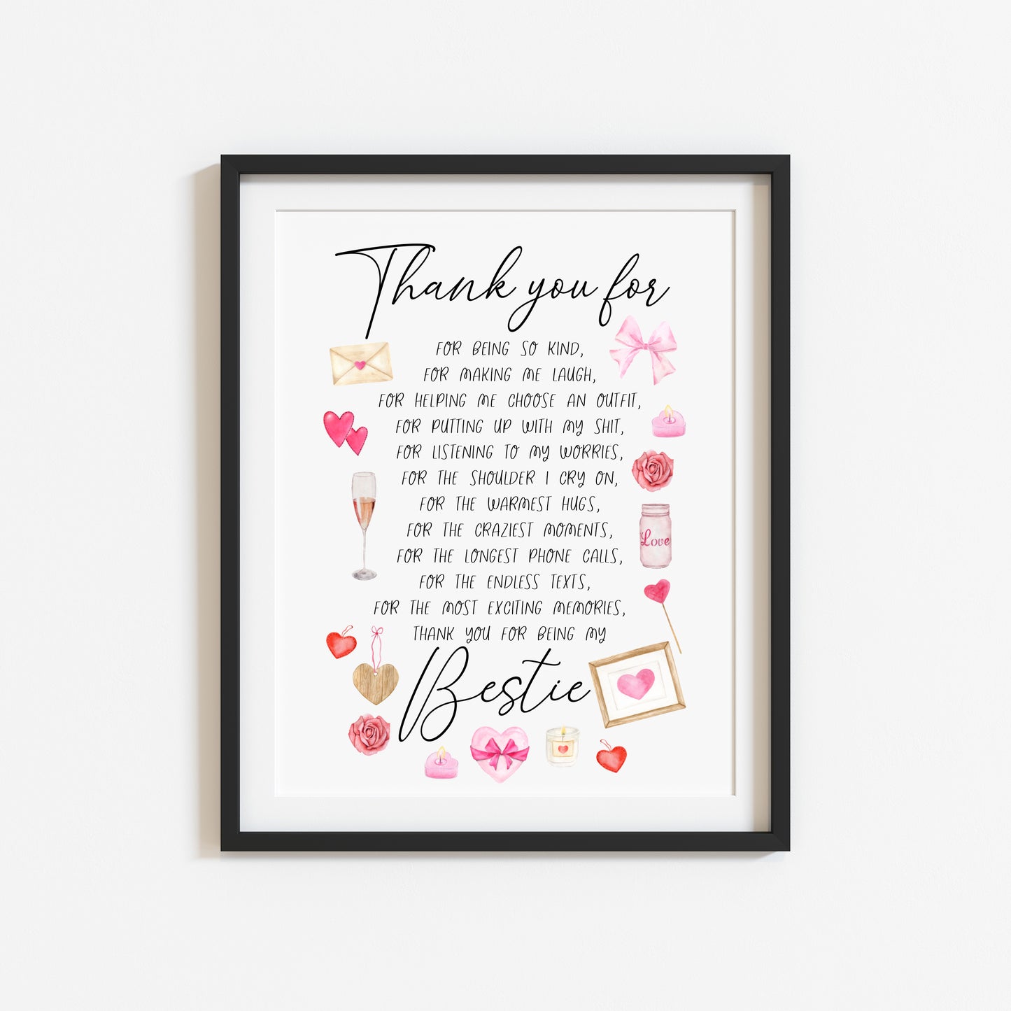 Thank you for being my bestie, thank you for, pink valentines galentines watercolour pink, red cute drawings unframed wall art poster print