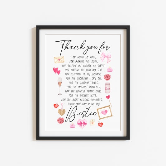 Bestie Thank You Watercolour Print Pink Galentines Gift (Unframed)