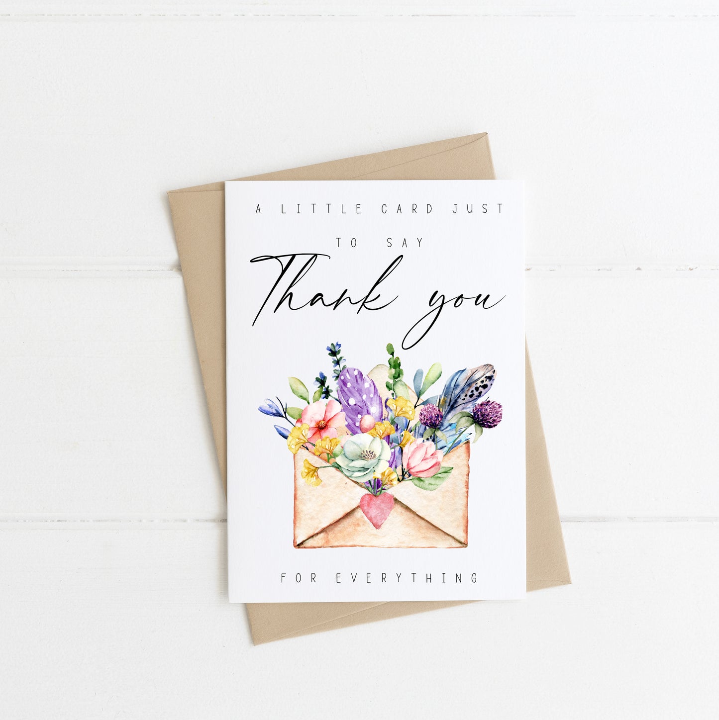 A little card to say thank you for everything envelope florals & feathers watercolour style with envelope,kraft brown or white