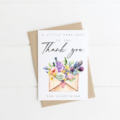 A little card to say thank you for everything envelope florals & feathers watercolour style with envelope,kraft brown or white