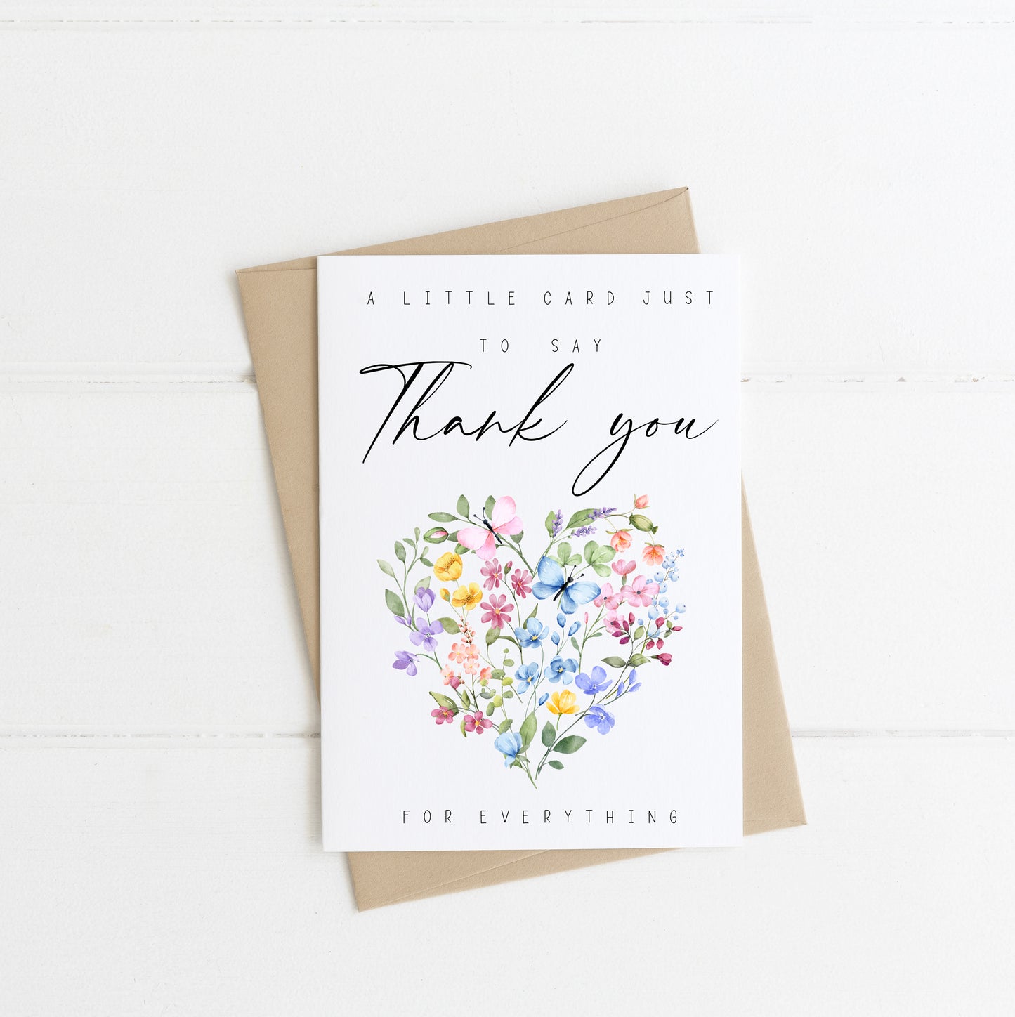 A little card to say thank you for everything butterflies & florals colourful heart watercolour style with envelope,kraft brown or white