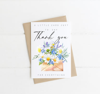 A little card to say thank you for everything envelope purple lavender & daisies watercolour style with envelope,kraft brown or white