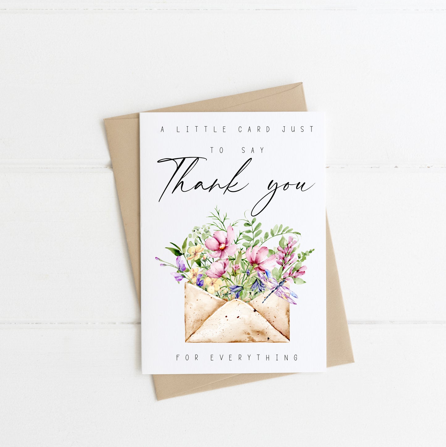 A little card to say thank you for everything wildflower envelope floral dragonfly watercolour style with envelope,kraft brown or white