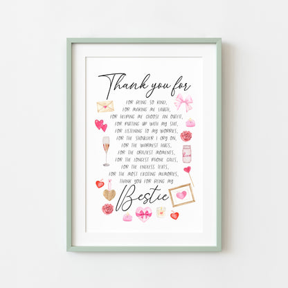 Thank you for being my bestie, thank you for, pink valentines galentines watercolour pink, red cute drawings unframed wall art poster print