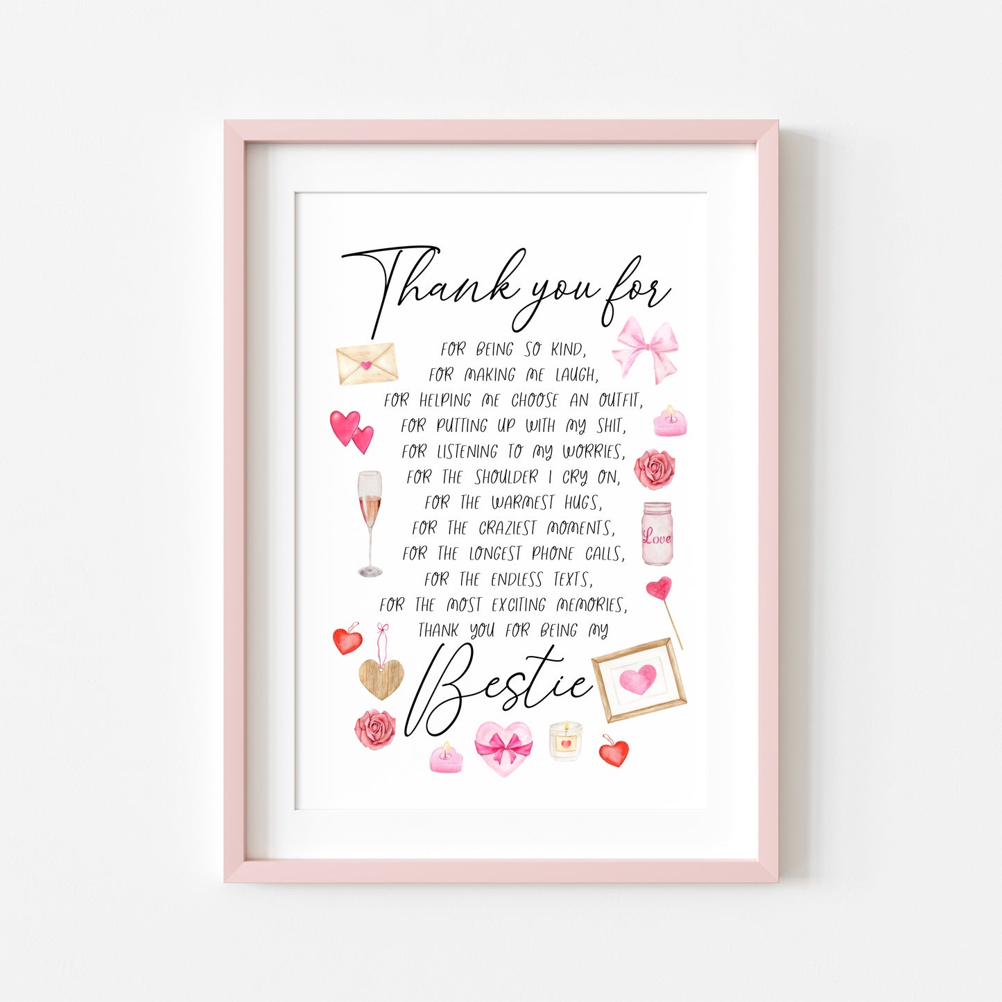 Thank you for being my bestie, thank you for, pink valentines galentines watercolour pink, red cute drawings unframed wall art poster print