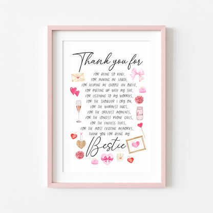 Thank you for being my bestie, thank you for, pink valentines galentines watercolour pink, red cute drawings unframed wall art poster print