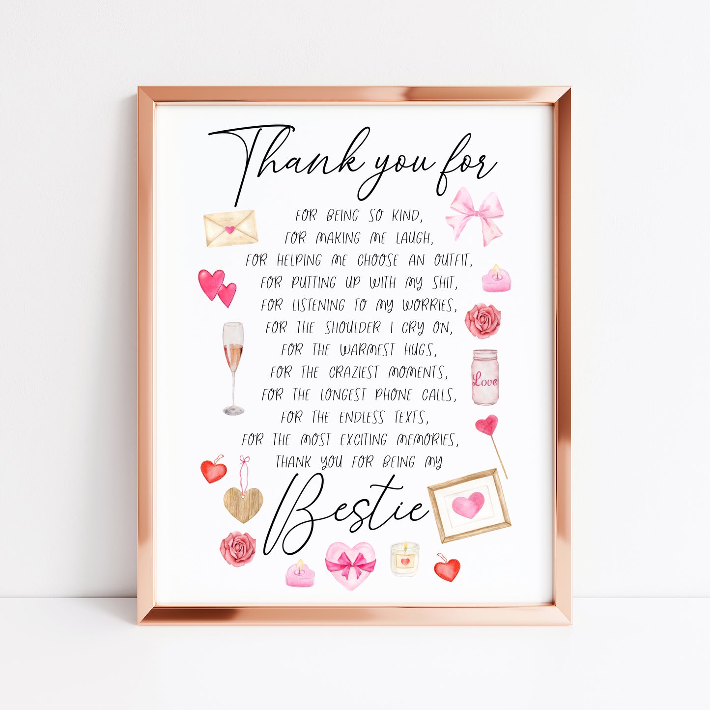 Thank you for being my bestie, thank you for, pink valentines galentines watercolour pink, red cute drawings unframed wall art poster print