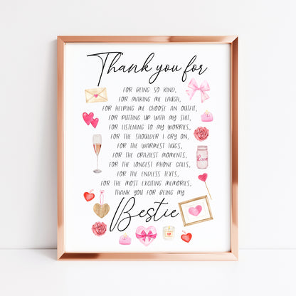 Thank you for being my bestie, thank you for, pink valentines galentines watercolour pink, red cute drawings unframed wall art poster print