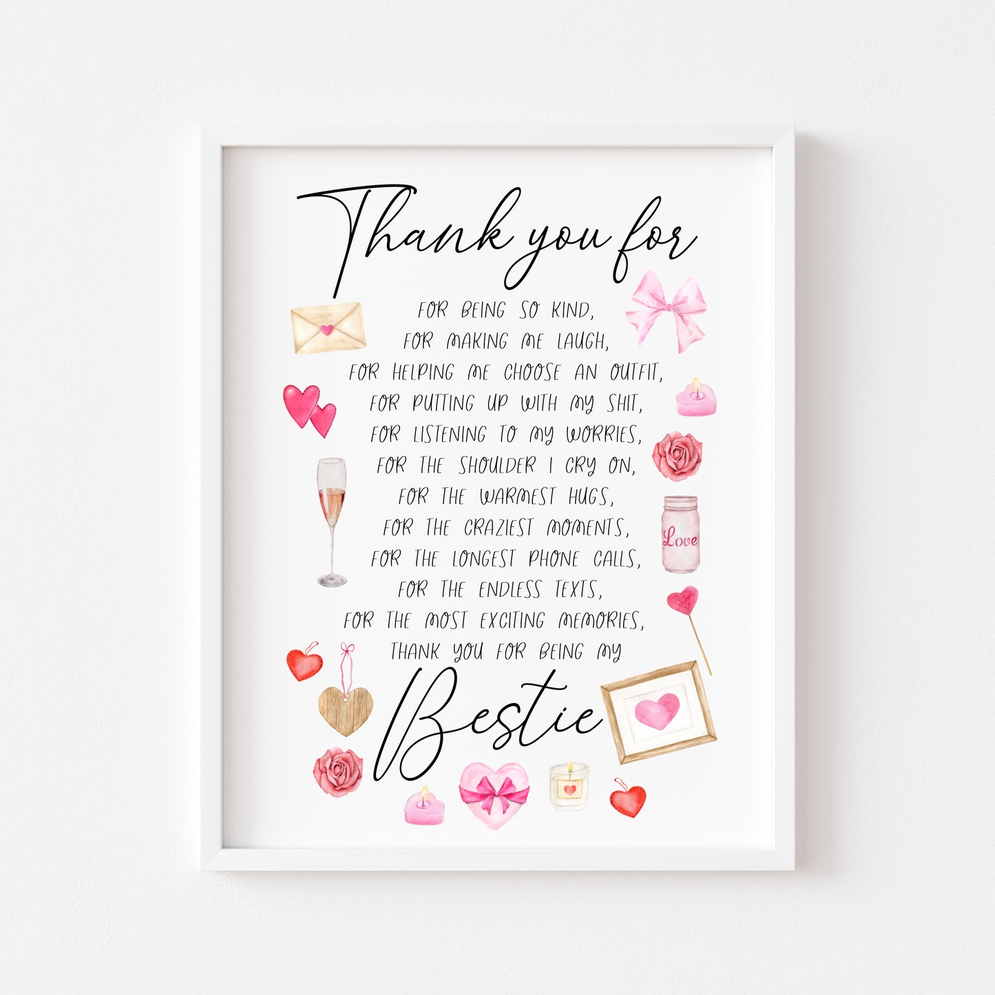 Thank you for being my bestie, thank you for, pink valentines galentines watercolour pink, red cute drawings unframed wall art poster print