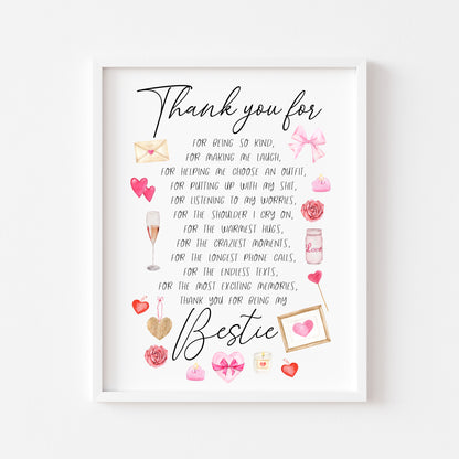 Thank you for being my bestie, thank you for, pink valentines galentines watercolour pink, red cute drawings unframed wall art poster print