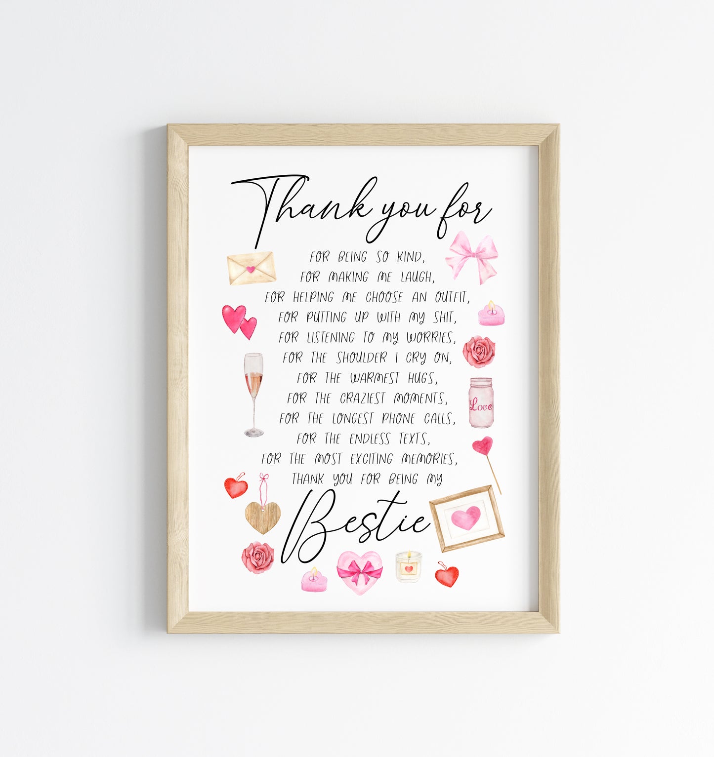 Thank you for being my bestie, thank you for, pink valentines galentines watercolour pink, red cute drawings unframed wall art poster print