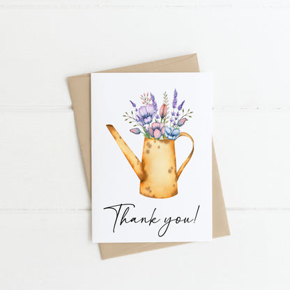 Thank you card, yellow watering can purple blue bouquet floral watercolour style card, thank you cards,,with envelope,kraft brown or white