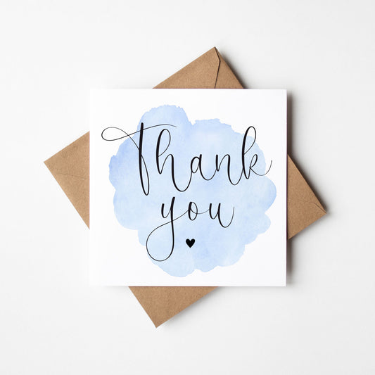 Thank you card, blue watercolour Black heart thanks card with Kraft brown envelope