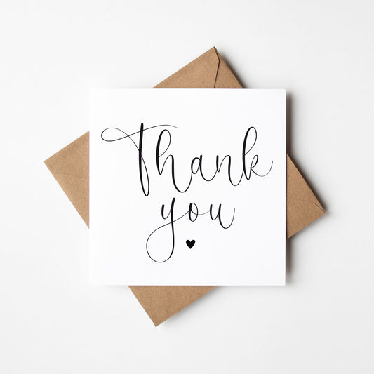 Thank you card, Black heart thanks card with Kraft brown envelope