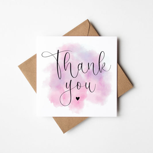 Thank you card, purple pink watercolour Black heart thanks card with Kraft brown envelope