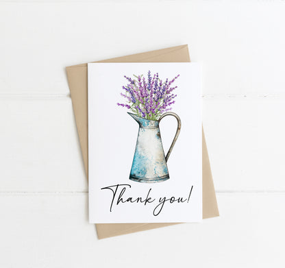 Pack of 4 Thank you cards to say thanks floral daisy lavender watercolour jug bouquet pack of cards with envelopes,kraft brown or white