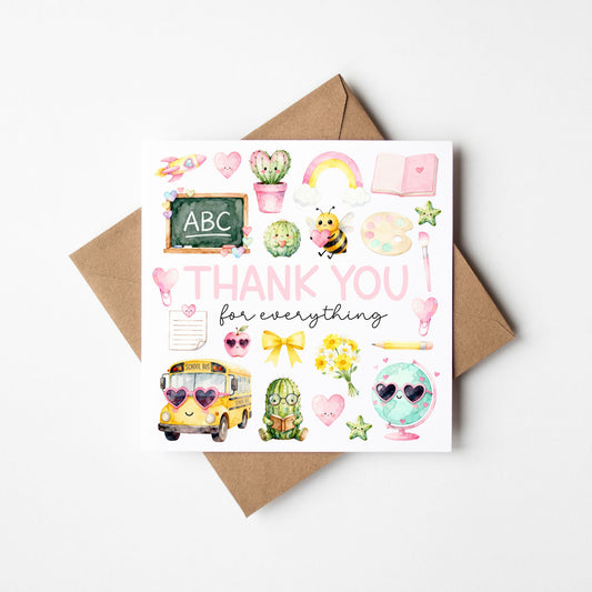 Kids pastel Thank You Card Teacher, Nursery, Mentor Appreciation with Brown Envelope