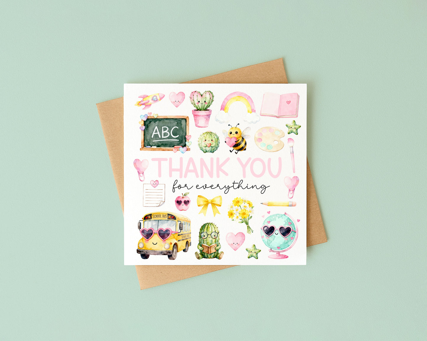 Kids pastel Thank You Card Teacher, Nursery, Mentor Appreciation with Brown Envelope