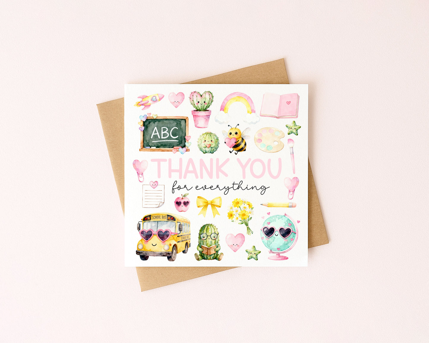 Kids pastel Thank You Card Teacher, Nursery, Mentor Appreciation with Brown Envelope