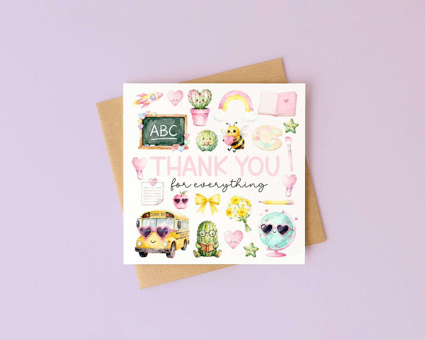 Kids pastel Thank You Card Teacher, Nursery, Mentor Appreciation with Brown Envelope