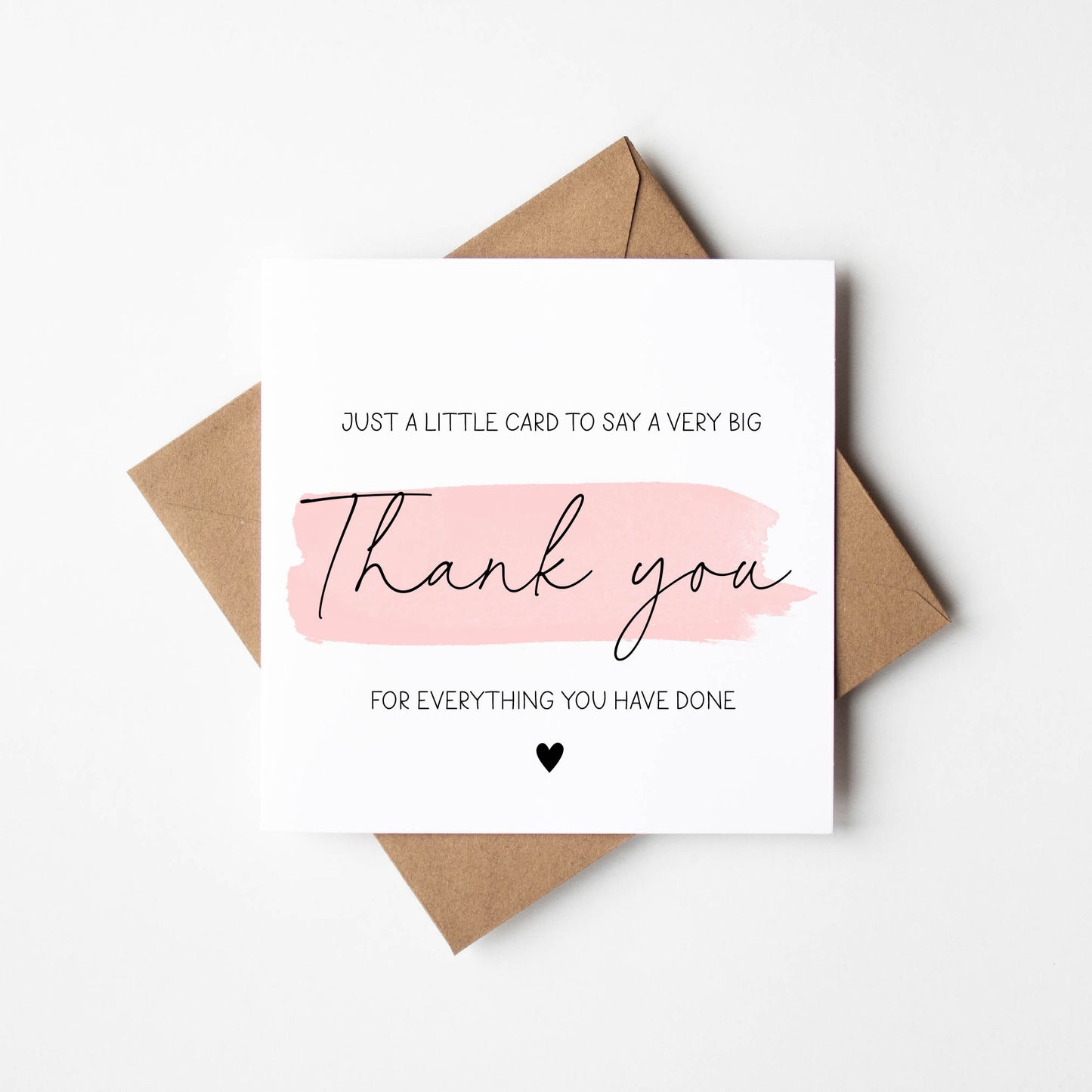 Thank you card, a little card to say a big thank you for everything you have done pink watercolour black heart thank you card with envelope