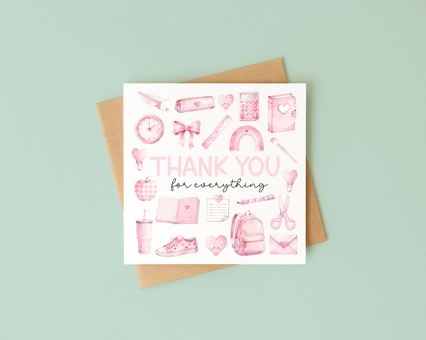 Pink Thank You Card Teacher, Nursery, Mentor Appreciation with Brown Envelope