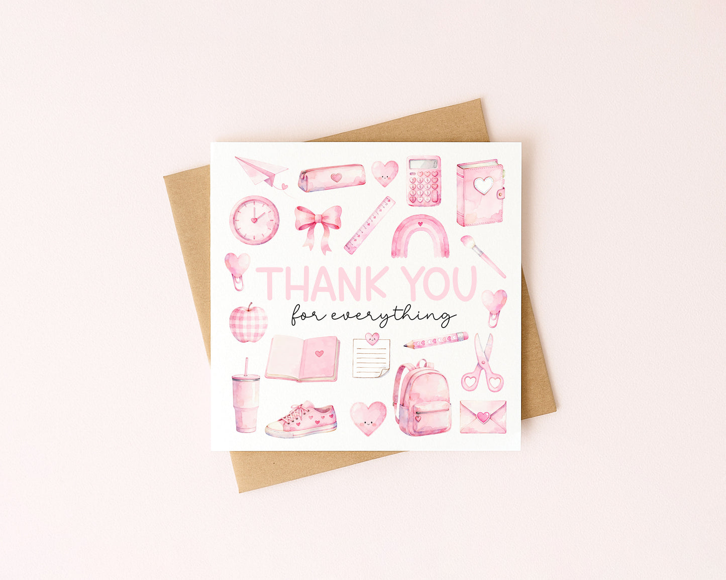 Pink Thank You Card Teacher, Nursery, Mentor Appreciation with Brown Envelope
