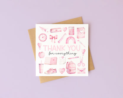 Pink Thank You Card Teacher, Nursery, Mentor Appreciation with Brown Envelope