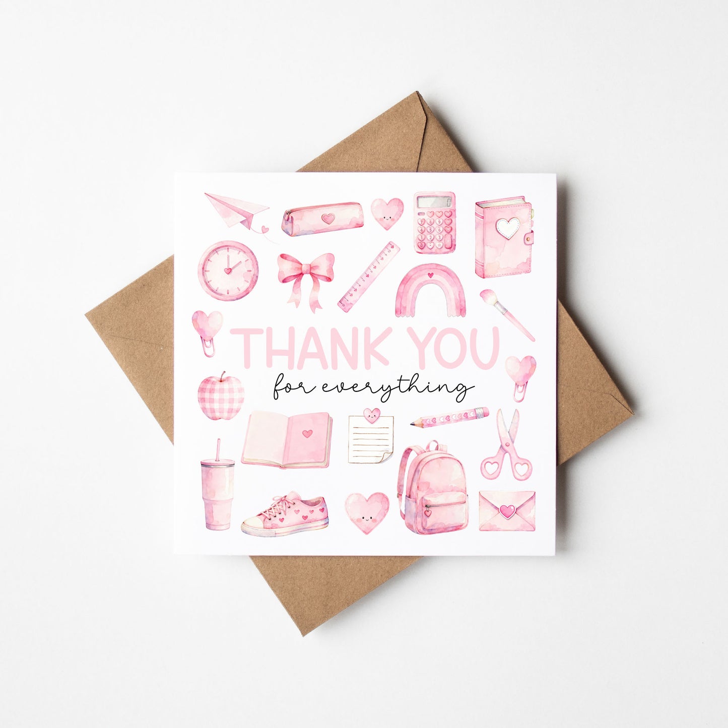 Pink Thank You Card Teacher, Nursery, Mentor Appreciation with Brown Envelope