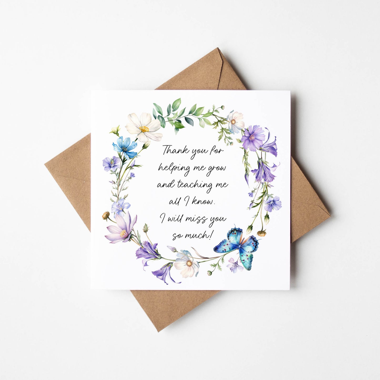 Thank you card, pretty butterfly floral blue poem thank you so much teacher school nursery mentor assistant friend card with brown envelope