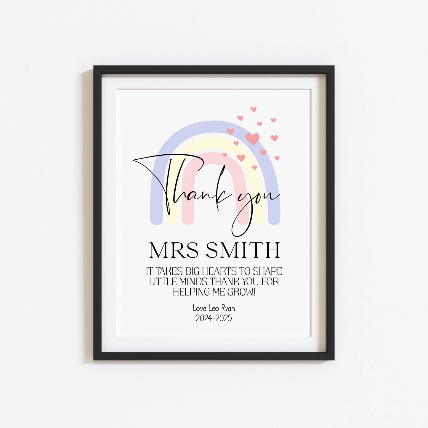 Personalised Thank you Nursery or teacher rainbow hearts unframed print, unique end of term thank you gift for nurseries, teachers, schools